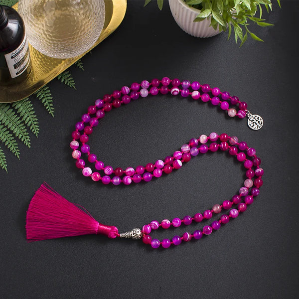 Rose Red Striped Agate Mala Beads-ToShay.org