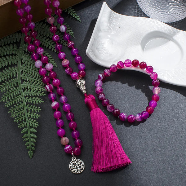 Rose Red Striped Agate Mala Beads-ToShay.org