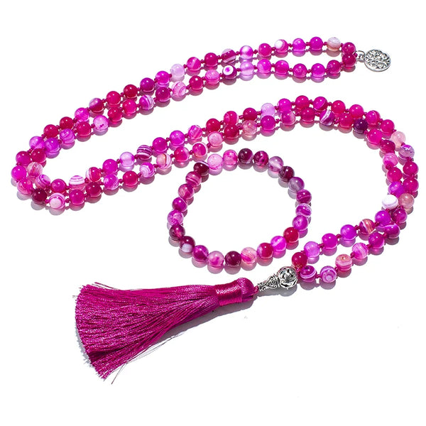 Rose Red Striped Agate Mala Beads-ToShay.org