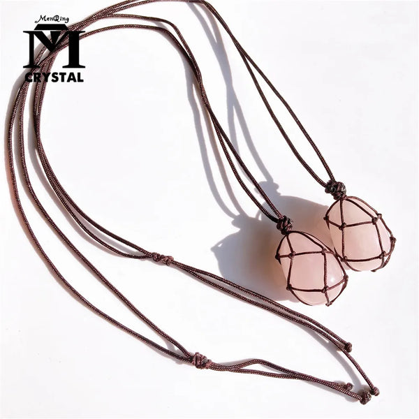 Pink Rose Quartz Egg Rope Necklace-ToShay.org