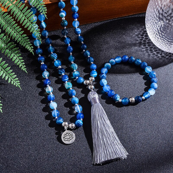 Blue Agate Bead Japamala Necklace-ToShay.org