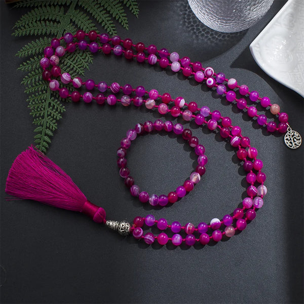 Rose Red Striped Agate Mala Beads-ToShay.org