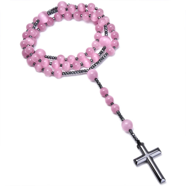 Pink Cats Eye Rosary Beads-ToShay.org