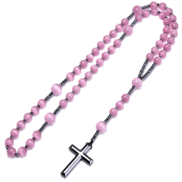 Pink Cats Eye Rosary Beads-ToShay.org