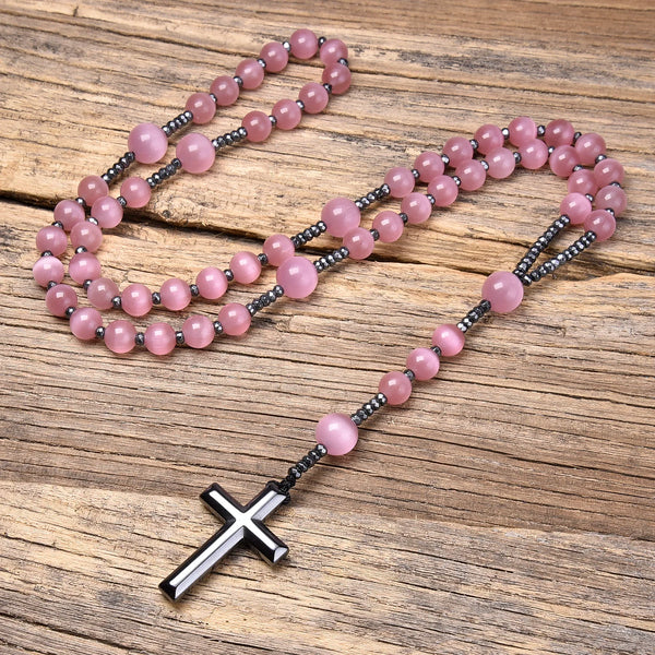 Pink Cats Eye Rosary Beads-ToShay.org