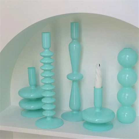 Glass Aqua Green Candlesticks-ToShay.org