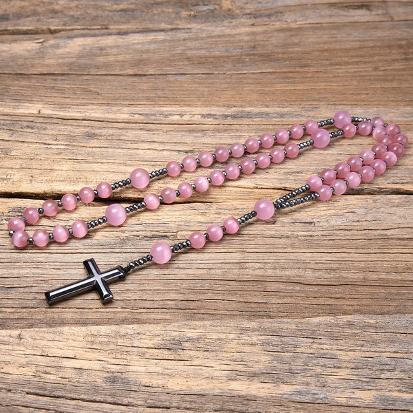 Pink Cats Eye Rosary Beads-ToShay.org