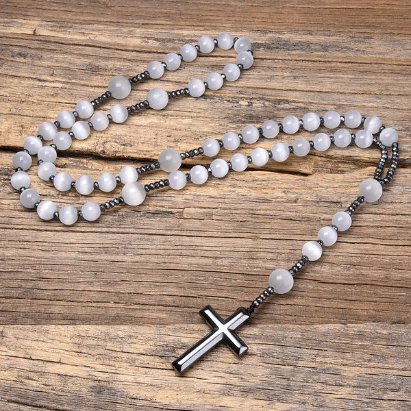 White Cats Eye Stone Rosary-ToShay.org