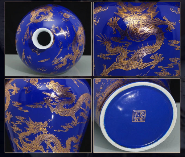 Gold Blue Dragon Vase-ToShay.org