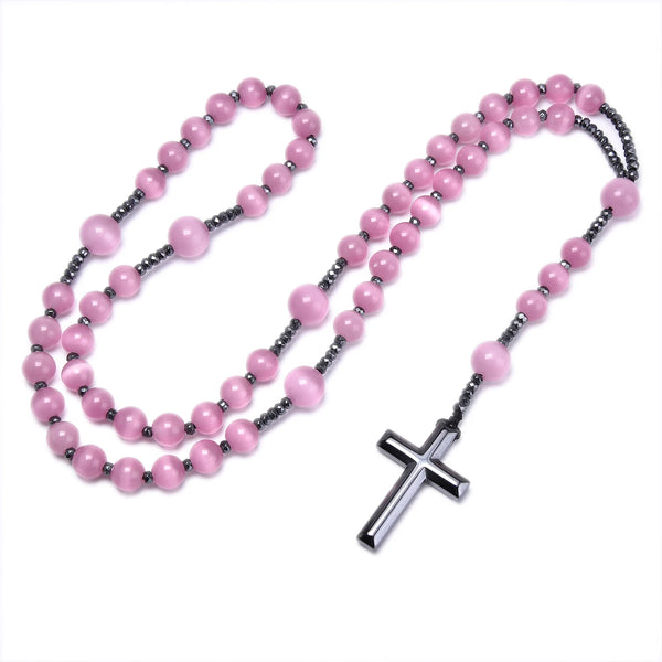 Pink Cats Eye Rosary Beads-ToShay.org