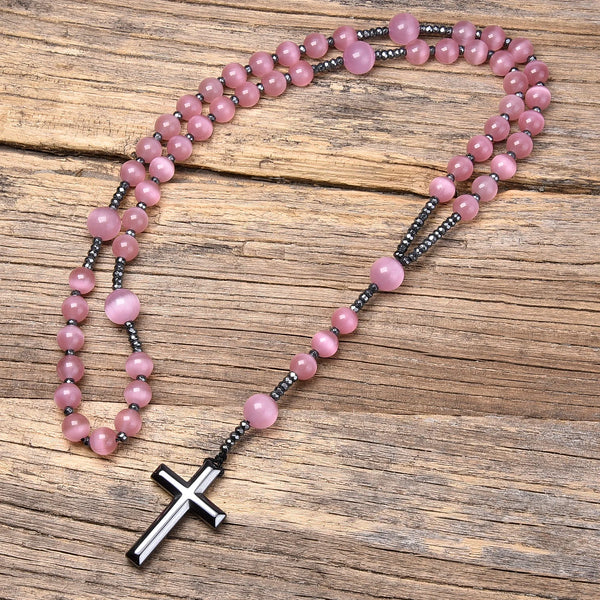 Pink Cats Eye Rosary Beads-ToShay.org