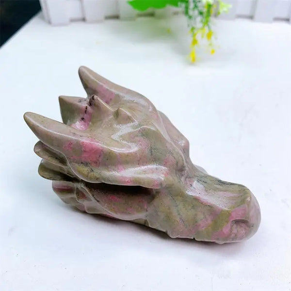 Pink Green Rhodonite Dragon Skull-ToShay.org