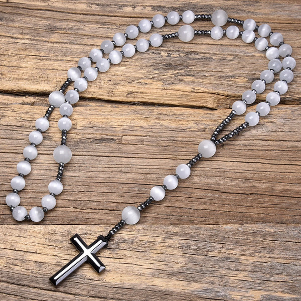 White Cats Eye Stone Rosary-ToShay.org