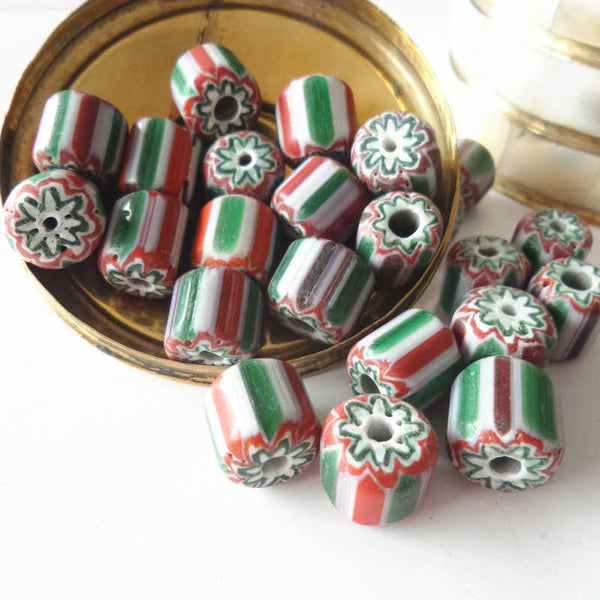 Red Green Stripe Barrel Beads-ToShay.org