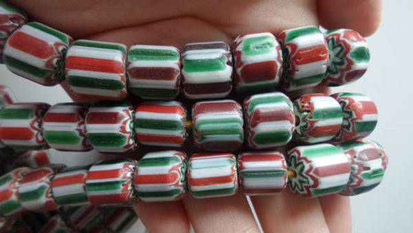 Red Green Stripe Barrel Beads-ToShay.org